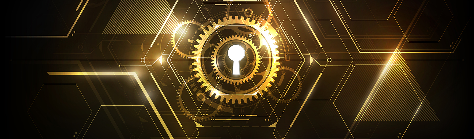 White key hole in the middle with golden graphics of gears and lines surrounding the hole, all on a dark background