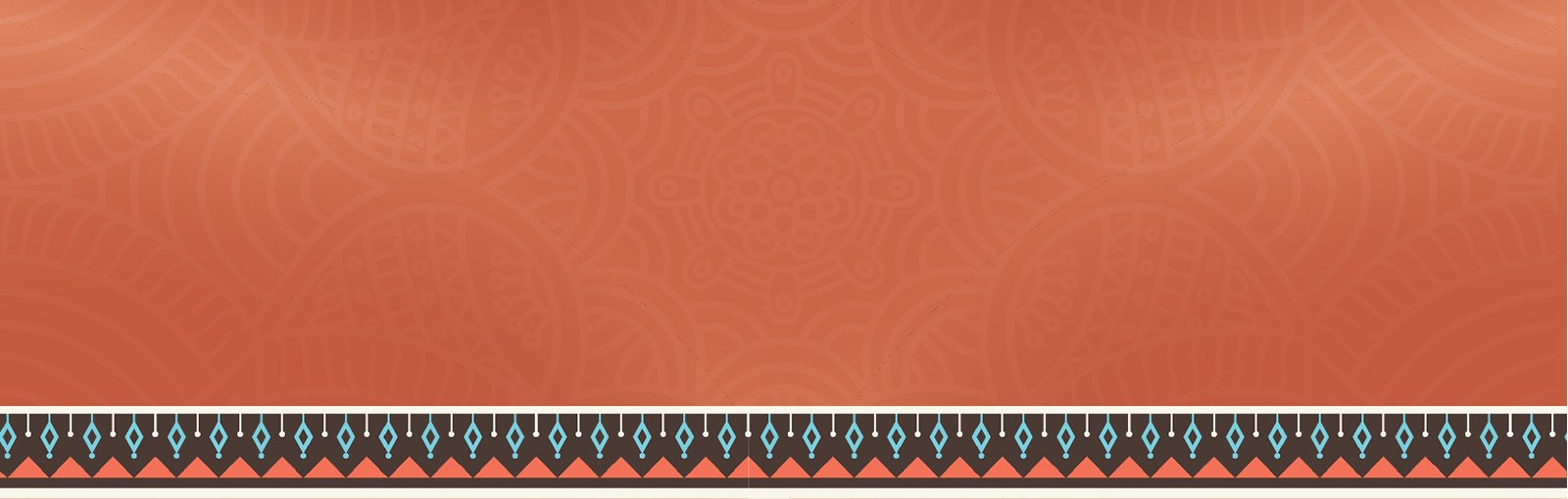 Primarily orange graphic that has shadowed motifs throughout. Brown and blue decorative edging resembling beadwork at the bottom. 