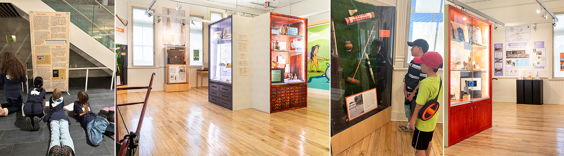 Museum displays Four images of areas in the museum, two of them with children looking at displays
