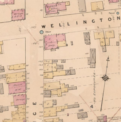 Colourized section of a 1927 Fire Insurance Plan showing Town offices and the Post Office. 