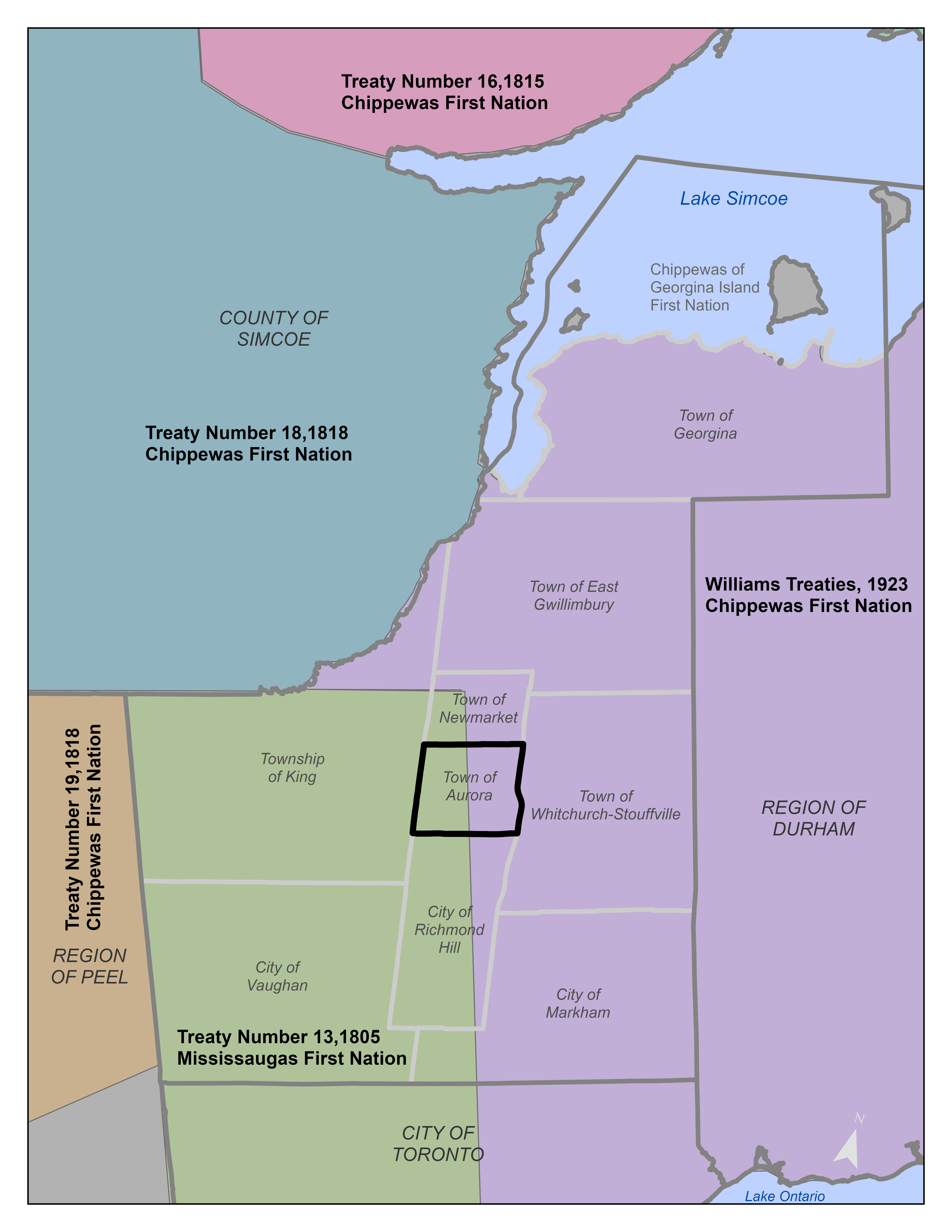 A map of York Region and surrounding area that shows Treaty, Municipal, and Regional boundaries. Aurora's boundaries are highlighted 