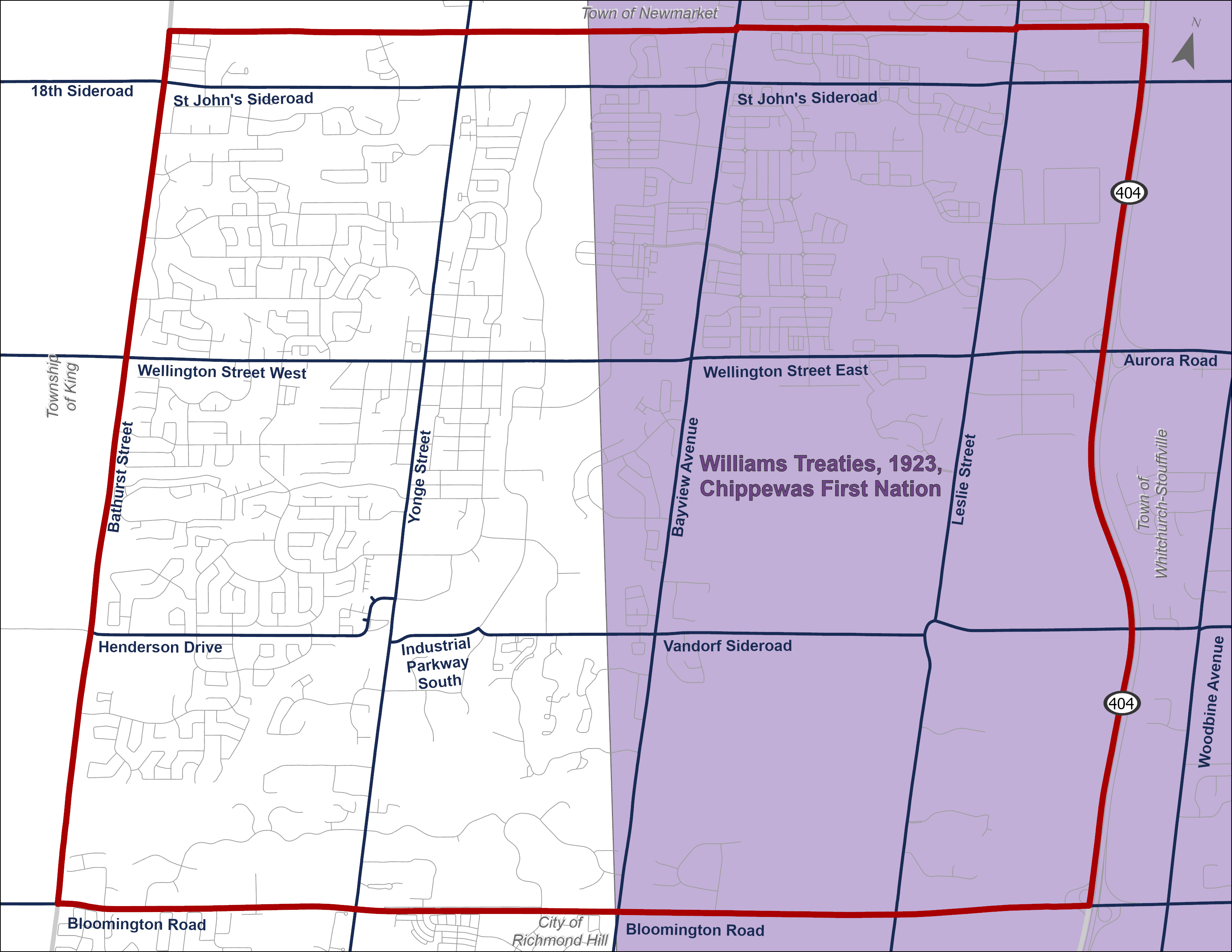 A simple map showing Aurora's boundaries and the Williams Treaties boundaries.