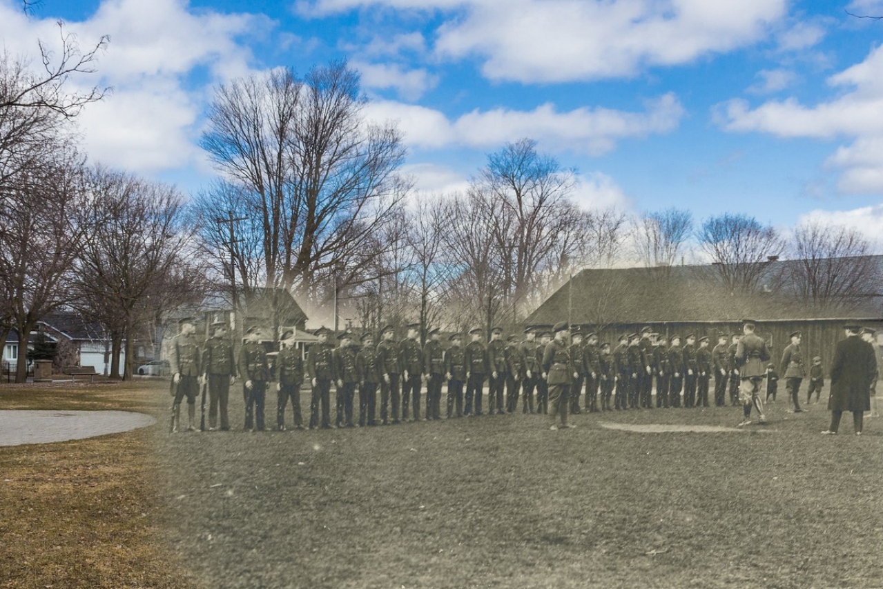 A blended colour and black and white image that shows Town Park and the Armoury in 2018 and circa 1920.
