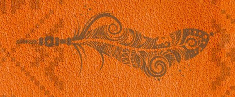 A orange graphic with a stylized feather and pattern. 