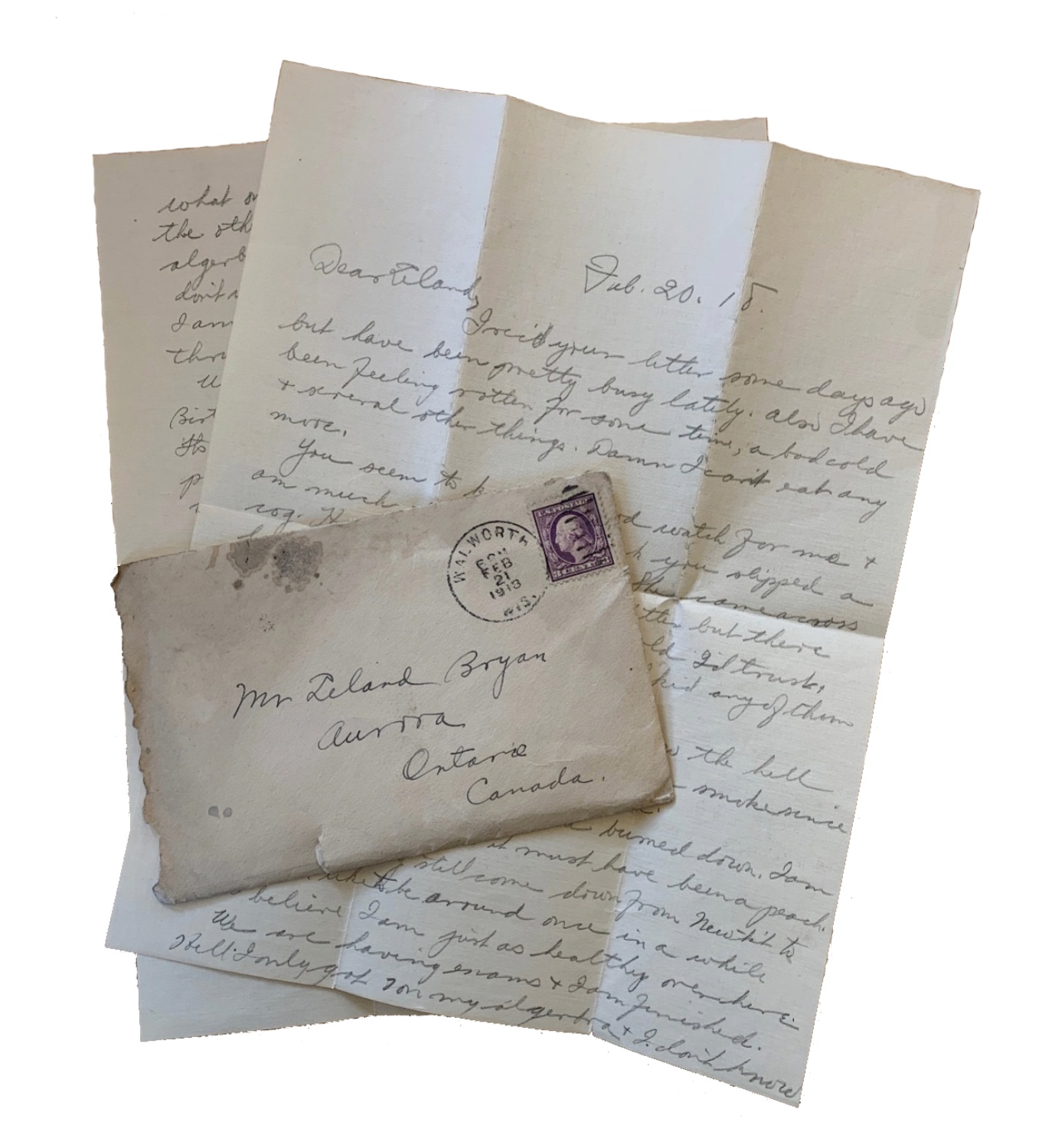 Two-page handwritten letter and envelope dating to 1913.