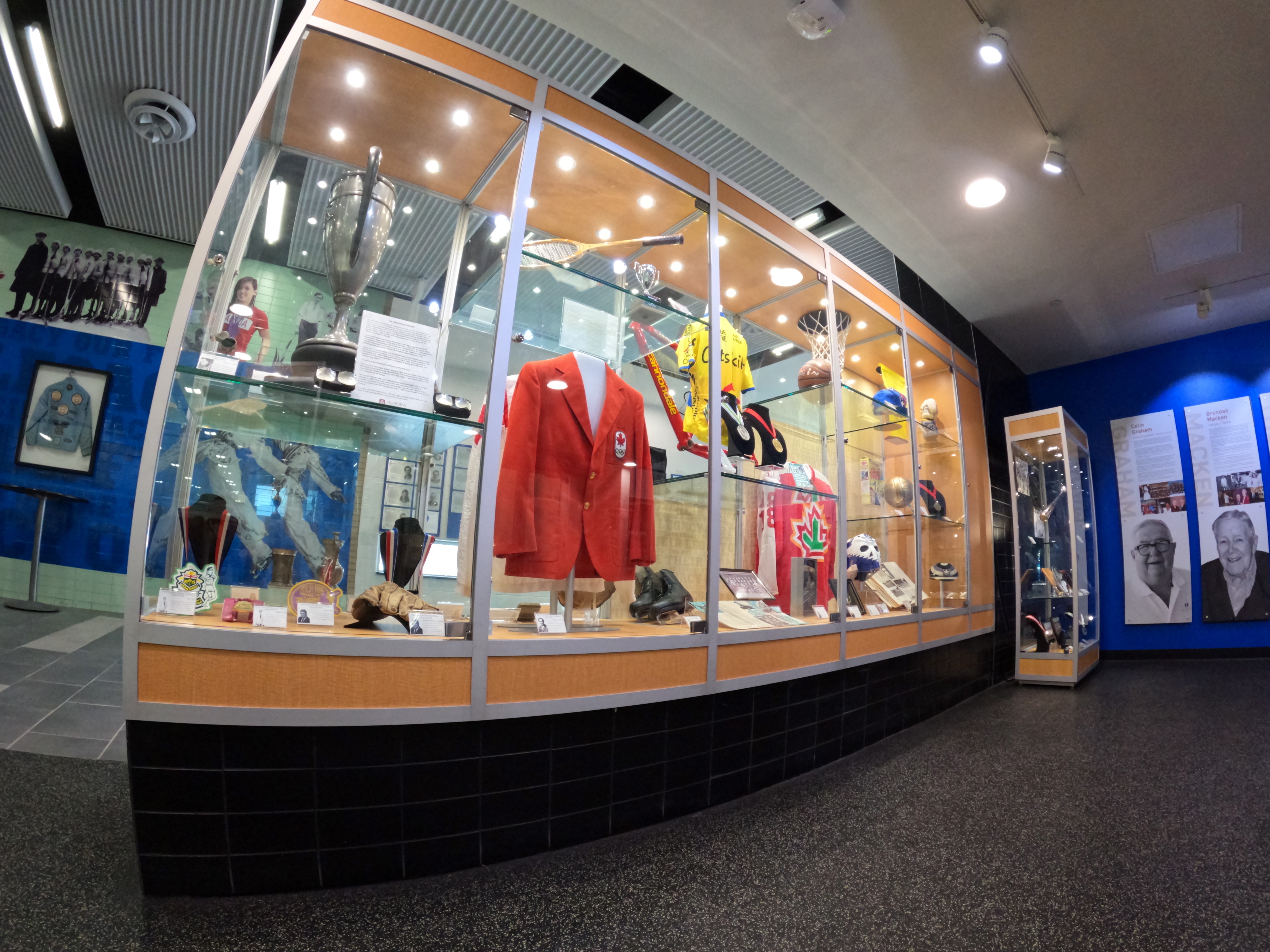 Colour photo of a display case containing a variety of sport related artifacts. 
