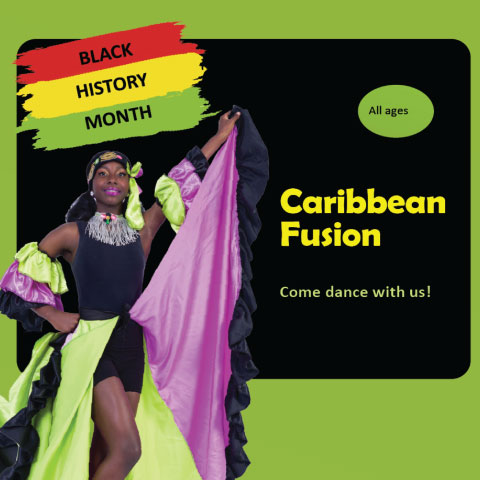 Woman dancing and with information text around her saying Black History Month and for all ages.