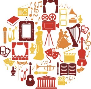 Image of music notes, curtains, art, books and theatre