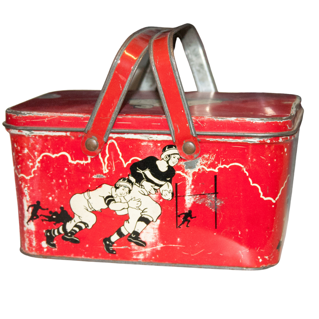 Red lunch box with drawing of football players