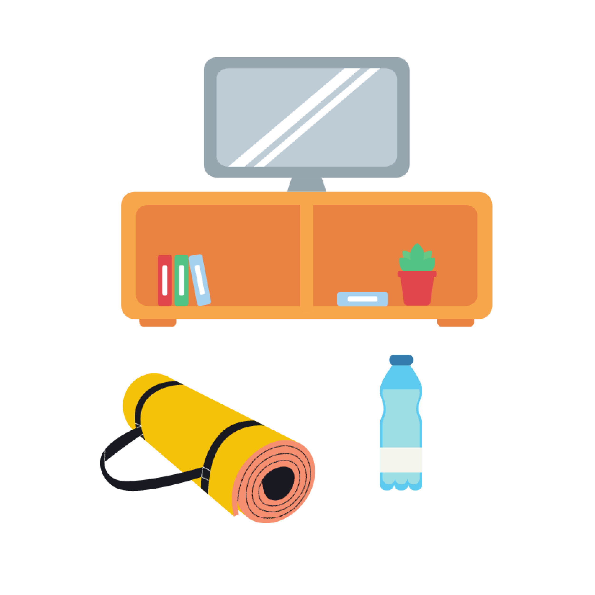 Image of home tv water bottle and exercise pad