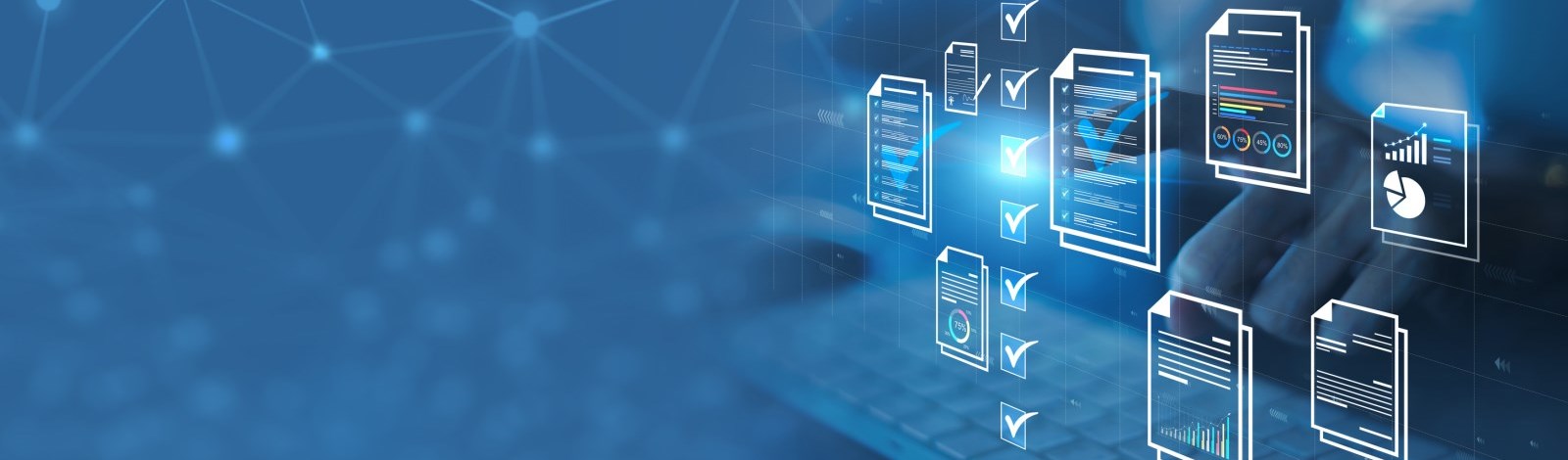 Blue background with floating digital images of documents and checkboxes