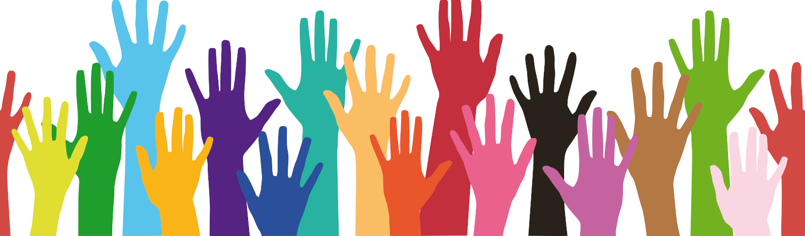 Multiple colourful hands in the air to volunteer