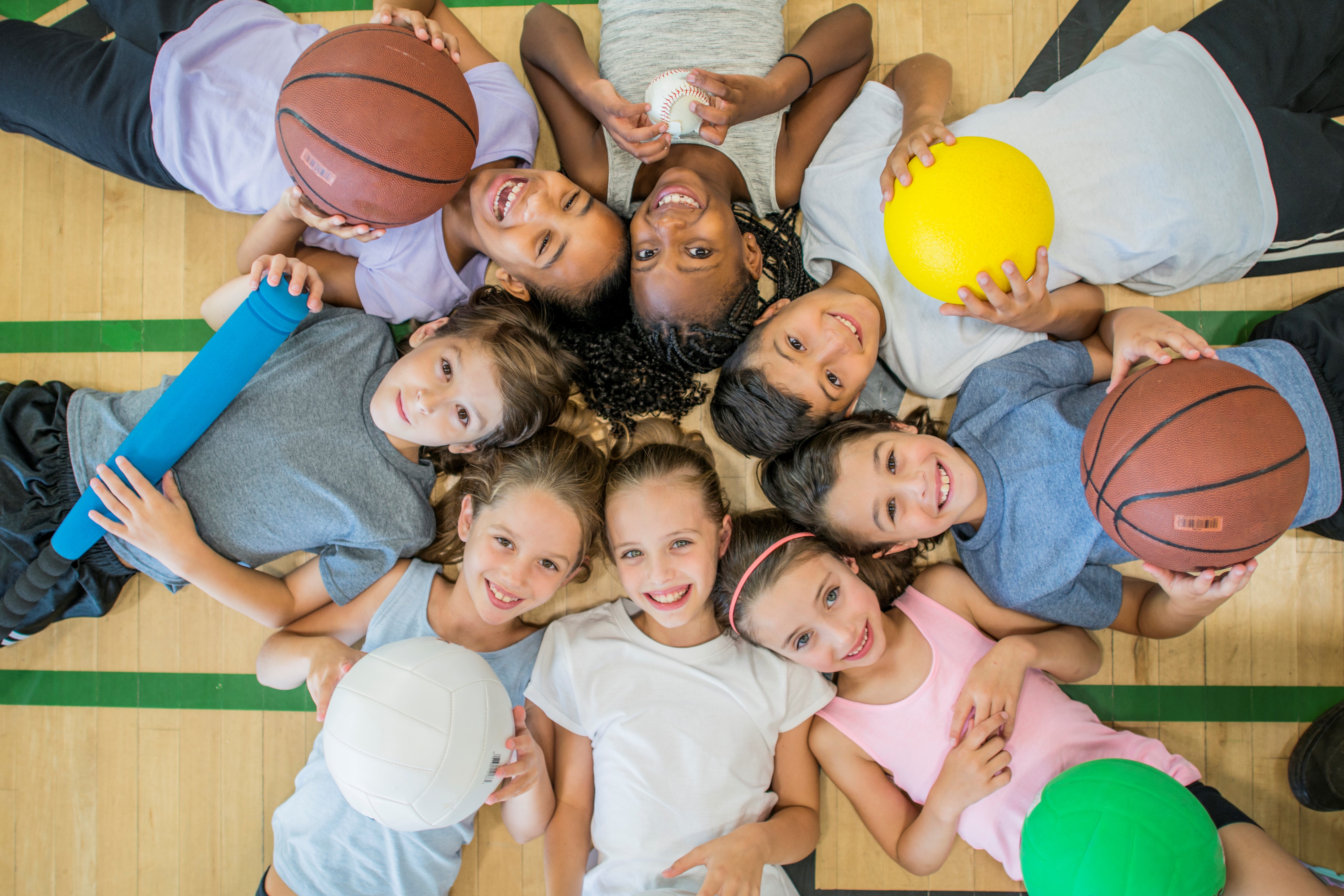 group of kids in gymnasium with sports balls