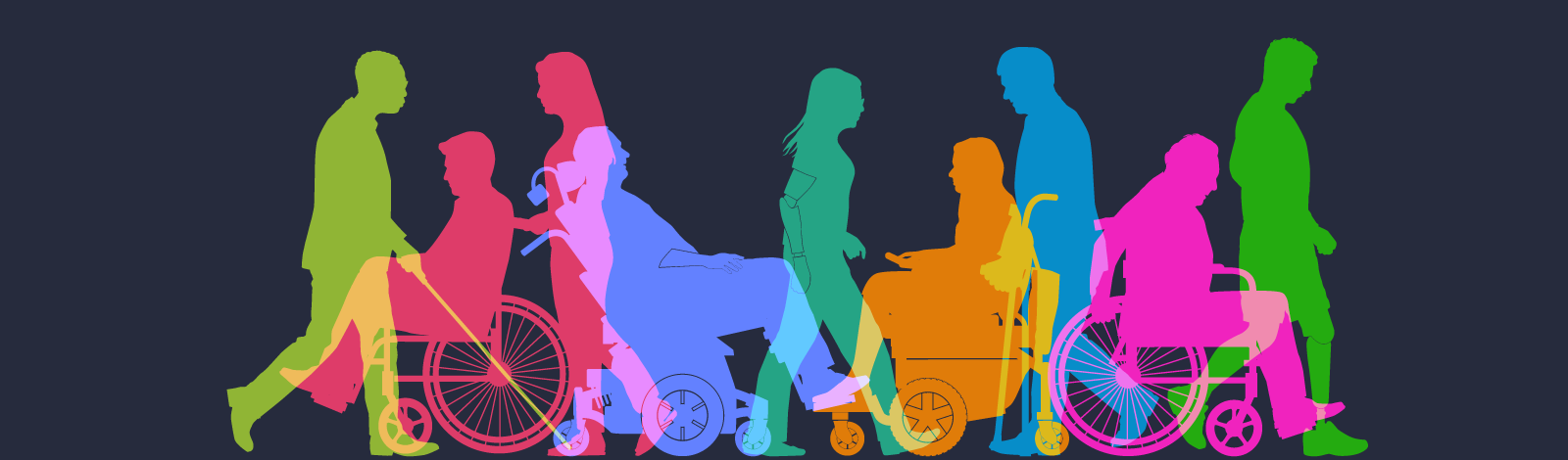 Group people with different disabilities on a dark background