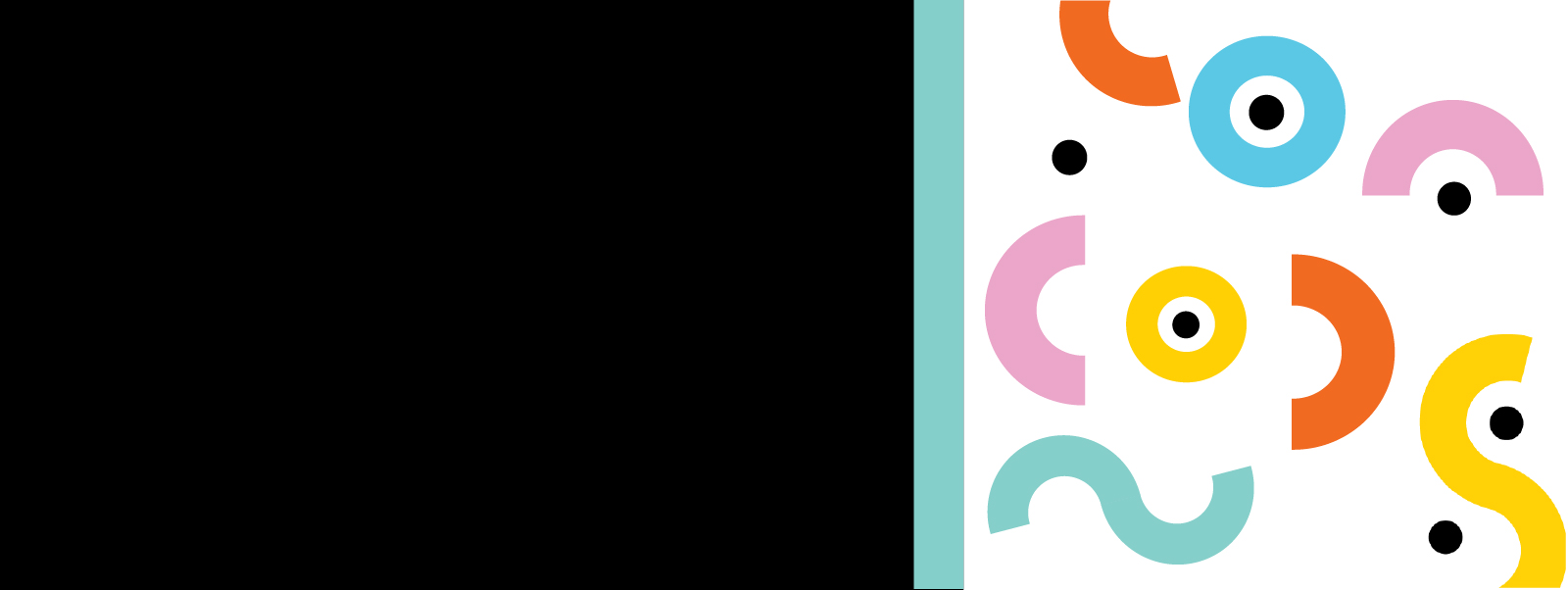 Black image with white square with colourful shapes