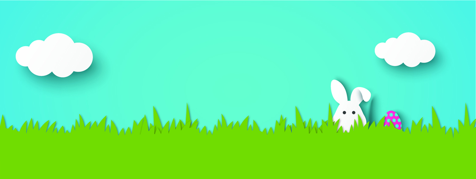 Graphic of green grass and blue sky background, with a hidden white bunny and a painted egg