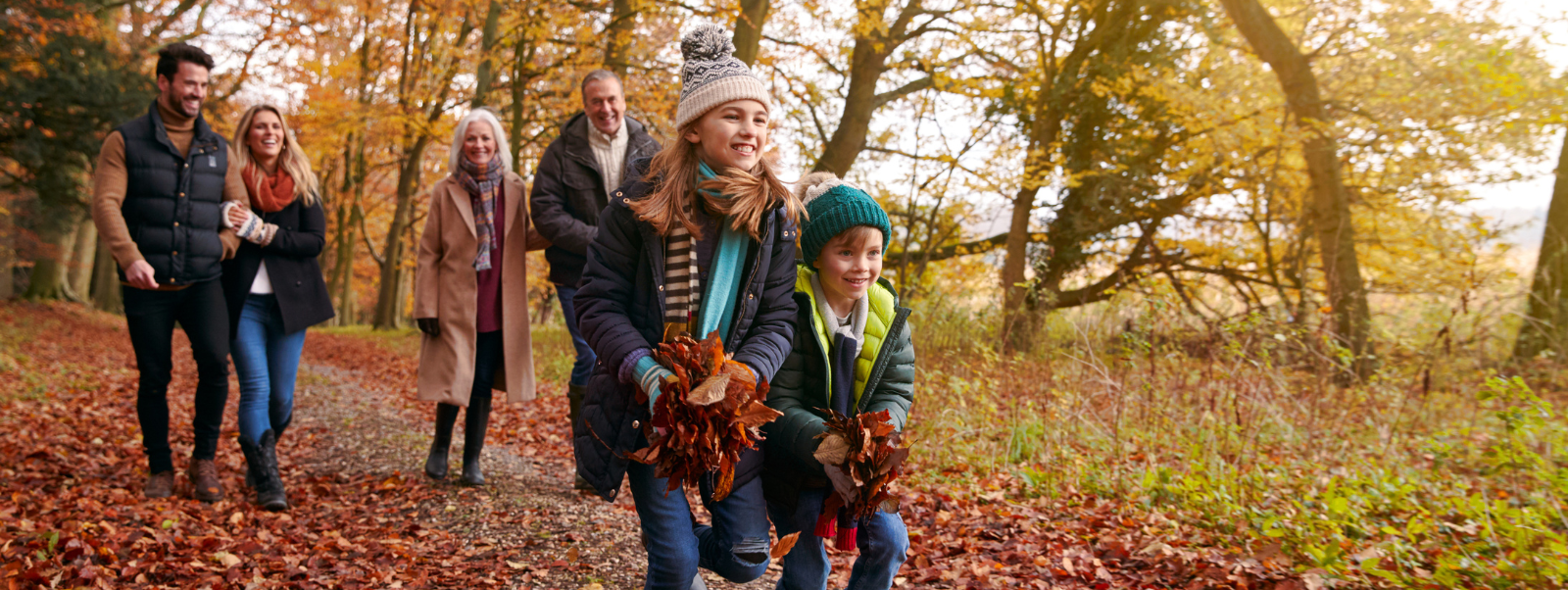 Image of family walking on a trail in the fall