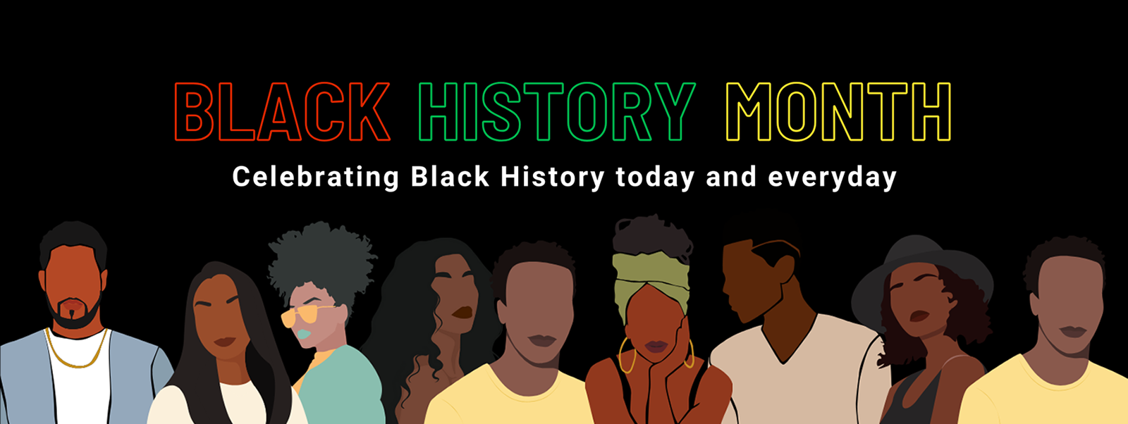 Banner with Black History Month title and graphics of a group of African American people along the bottom