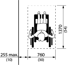 Design criteria for maximum distance to wheelchair for side reach. Shows the top view of a person in a wheelchair with the dimensions of 1370 millimeters in length and 760 millimeters wide, 255 millimeters from a wall.