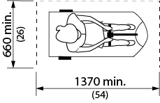 Design criteria for clear floor space for a scooter. Shows the top view of a person in a scooter with the dimensions of 1370 millimeters in length and 660 millimeters wide.