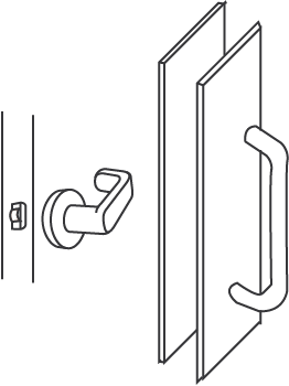 Design criteria for examples of accessible hardware. Shows a lever type handle and a D-pull handle.