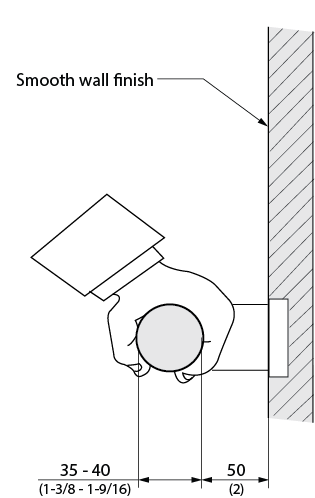 Design criteria for a grab bar. Shows the cross section of a grab bar with a hand grasping it. Dimensions and requirements are noted in design requirements.