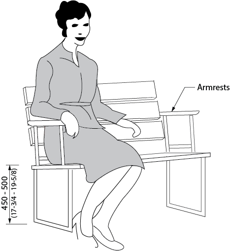 Design criteria for bench seating. Shows a 3 dimensional view of a person sitting in a bench with arm rests. Dimensions and other criteria are stated within the design requirement text.