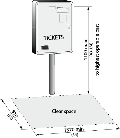 Design criteria for ticketing machines. Shows the front view of a ticketing machine. Dimensions and other criteria are stated within the design requirement text.