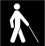 Design criteria for pictograms. Shows a picture of a person walking with a white cane.