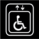 Design criteria for pictograms. Shows an international pictograms indicating an accessilble elevator or lift, showing the Universal Symbol of Accessibility within an elevator or lift car, with an up and down arrow above.