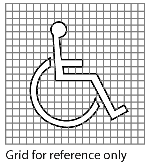 Design criteria for the international symbol of access. Shows the pictogram of a stick-person sitting in a wheelchair on a grid. Dimensions and other criteria are stated within the design requirement text.