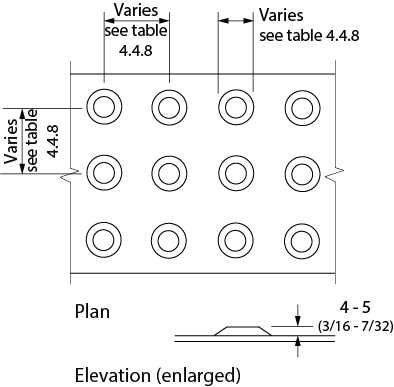 Design criteria for flat-topped dome or cone detectable warning surfaces.  Shows the size and spacing for flat-topped domes or cones. Dimensions and other criteria are stated within the design requirement text.