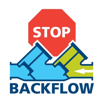 Graphic of stop sign, two taps and the word backflow