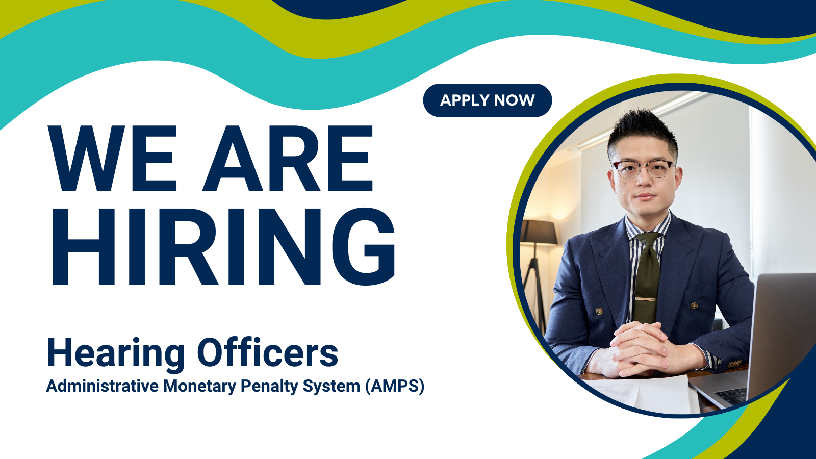 We are hiring hearing officers - apply now - image of man sitting at a desk