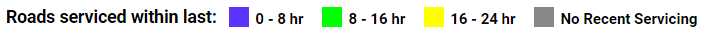 Legend with colour purple - within last 8 hours, colour yellow - within last 8-16 hours, colour orange - within last 16-24 hours, colour grey - no recent servicing