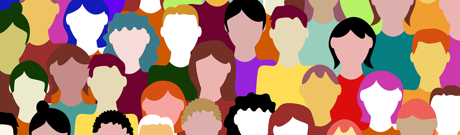 Graphic with many faces in many shapes and colours, with no faces
