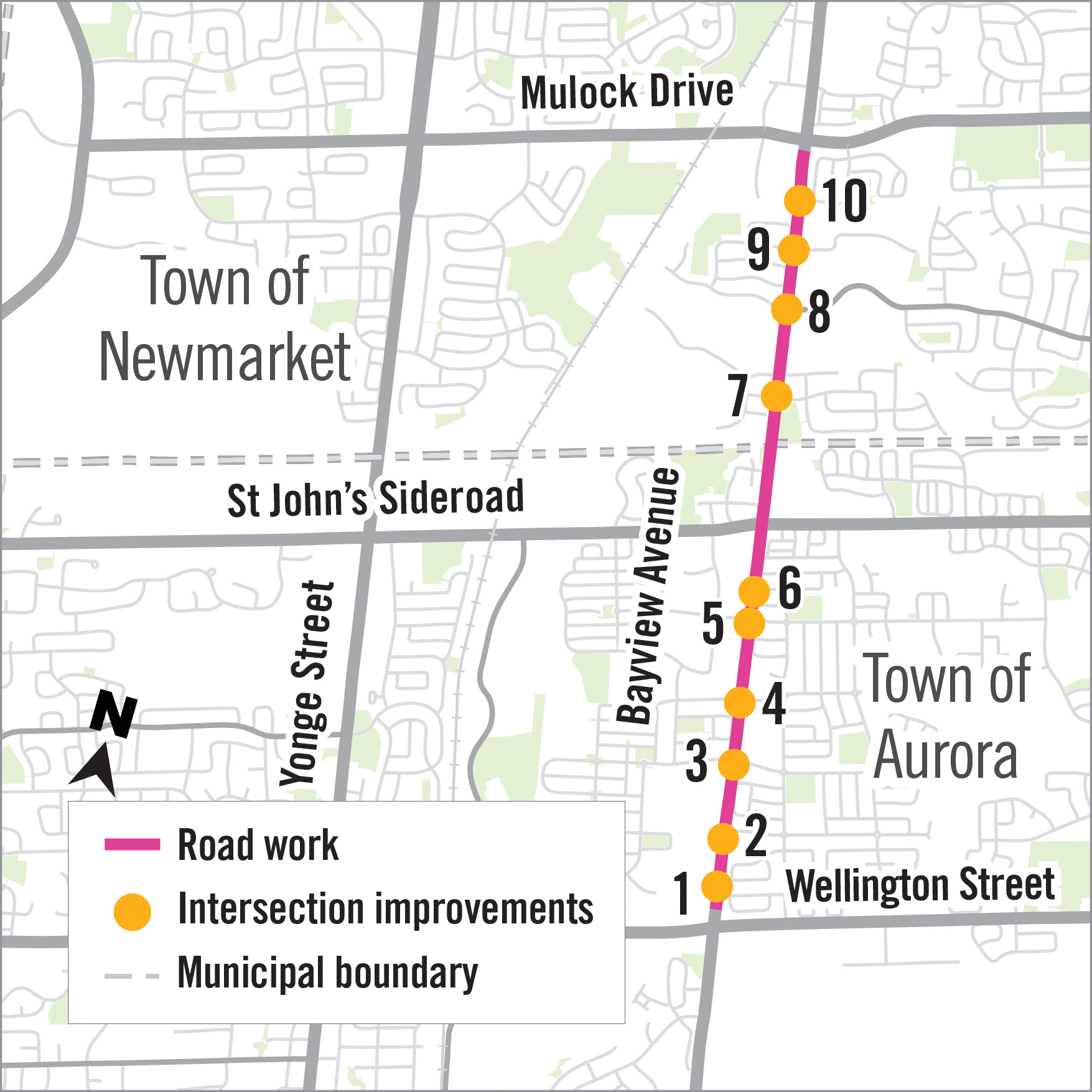 Map showing work areas on Bayview between Wellington St. and Mulock Drive