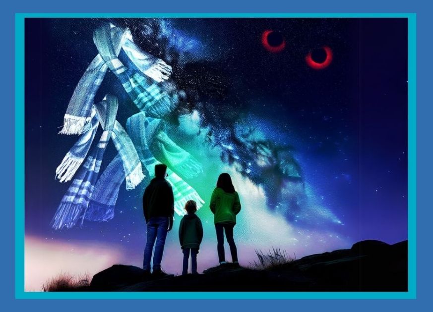 Three silhouettes of people facing the sky