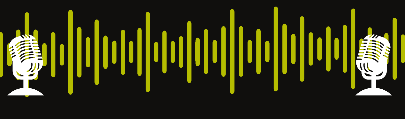 Podcasting mic on the right and left,black background and sound level waves across the banner