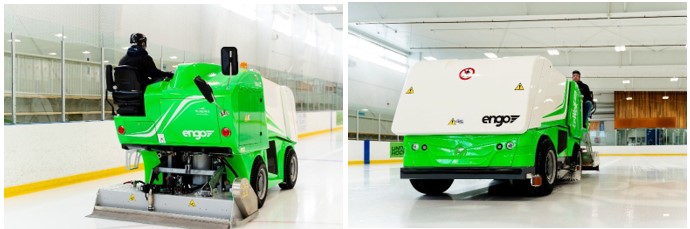 Two pictures of a zamboni being driven on a skating rink