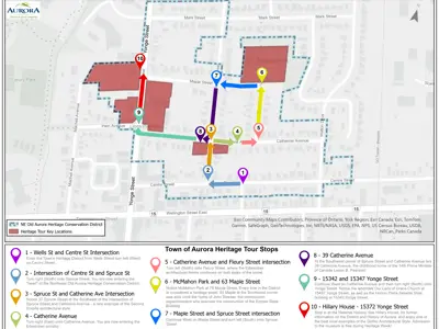 Aurora map showing Heritage Tour stops