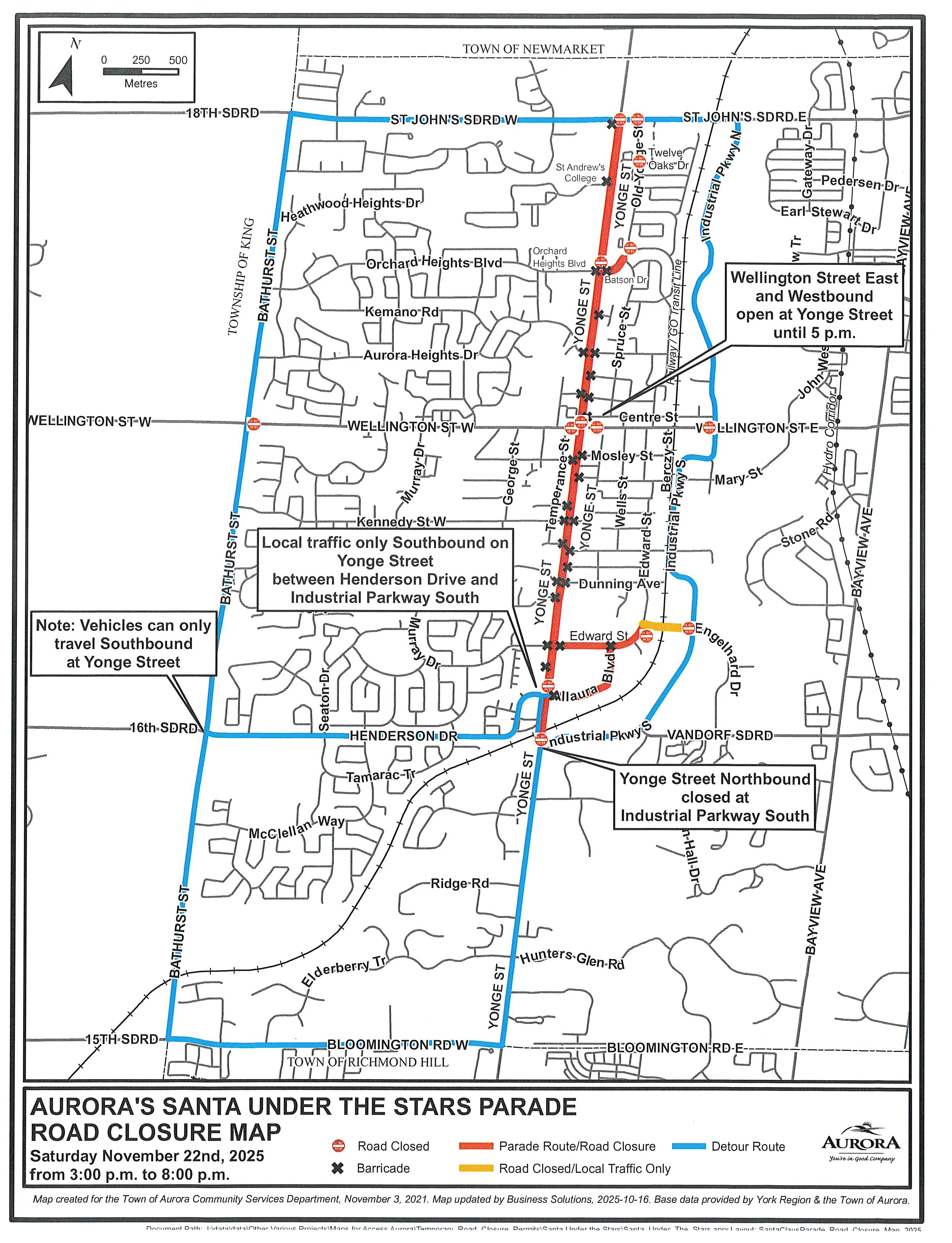 Street map of Aurora, showing a red line from Yonge Street from St. John's Sideroad to Henderson Drive. And blue lines over the streets listed above under road closures.