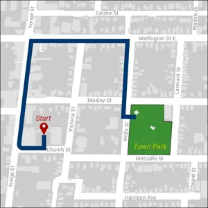Walking tour map from Town Square to Town Park, marked with a blue line