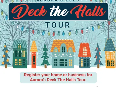 Festive graphic scene, with homes, trees and lights and an invitation to register. Information on page in text format