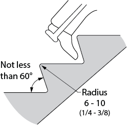Design criteria for raked risers. Shows a cross section of stairs where the angle from the tread to the riser is not less than 60° and nosing radius is 6 – 10 millimeters.