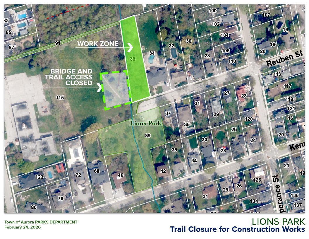 Map showing work zone, highlighted in green, near bridge and trail