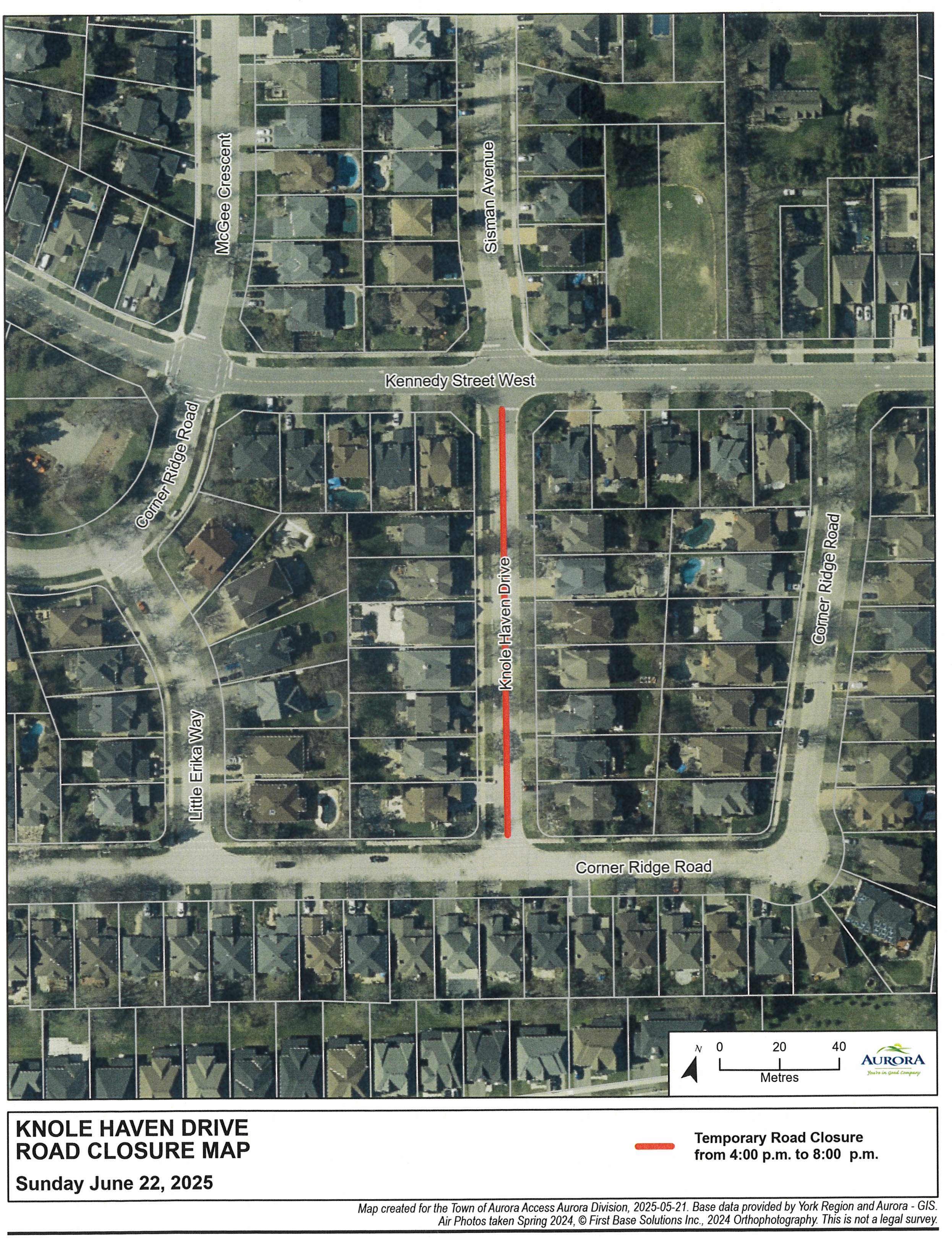 Aerial view of Aurora Streets, with a red line over Knole Haven Drive, between Kennedy Street West and Corner Ridge Road
