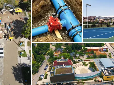 Collage of images with road work, town square, a pipe in the ground and a tennis course