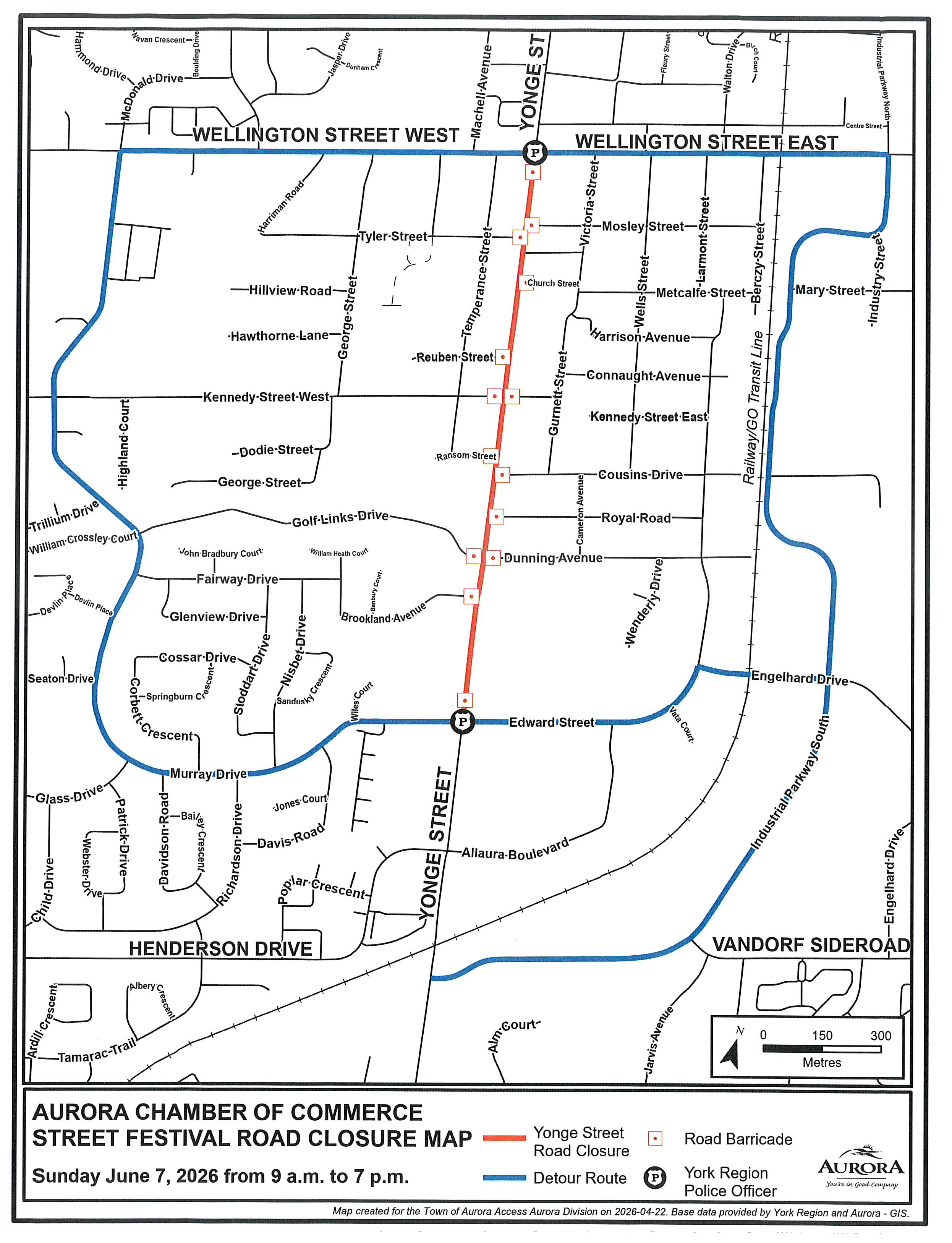 Aurora map showing red line over Yonge St. from Wellington St. to Murray Drive/Edward St.