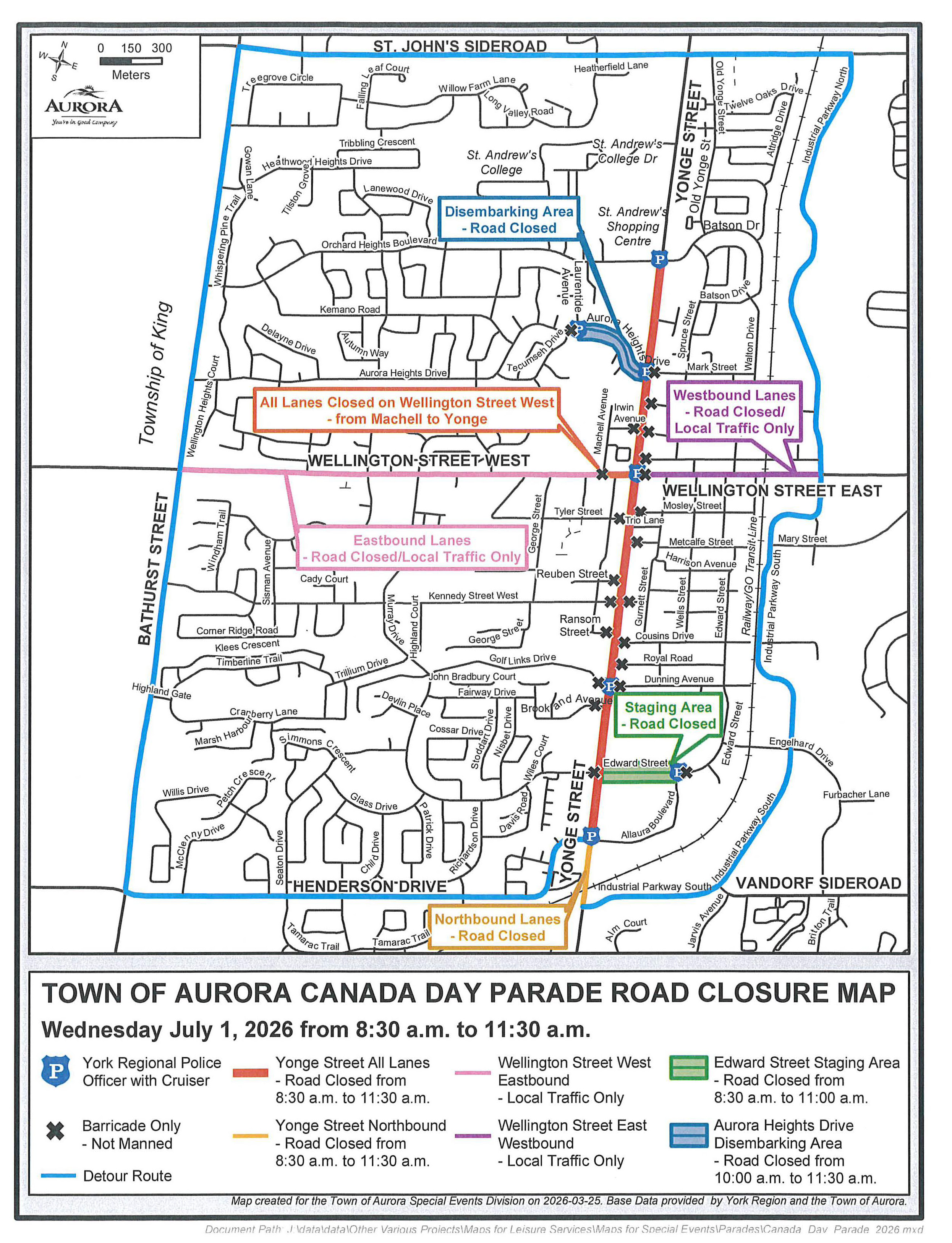 Aurora map showing a red line over Yonge St. and baracade areas, between Henderson Dr. and Batson Dr.